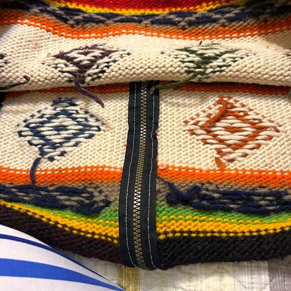 Vintage Hand Knit Sweater Jacket Womens M/L Multicolor Hooded Zip Up Ikat Nordic - Picture 11 of 12